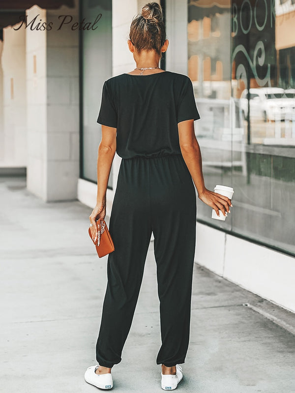 MISS PETAL V-Ausschnitt Jumpsuit | Damen Sommer Overall mit kurzen Ärmeln