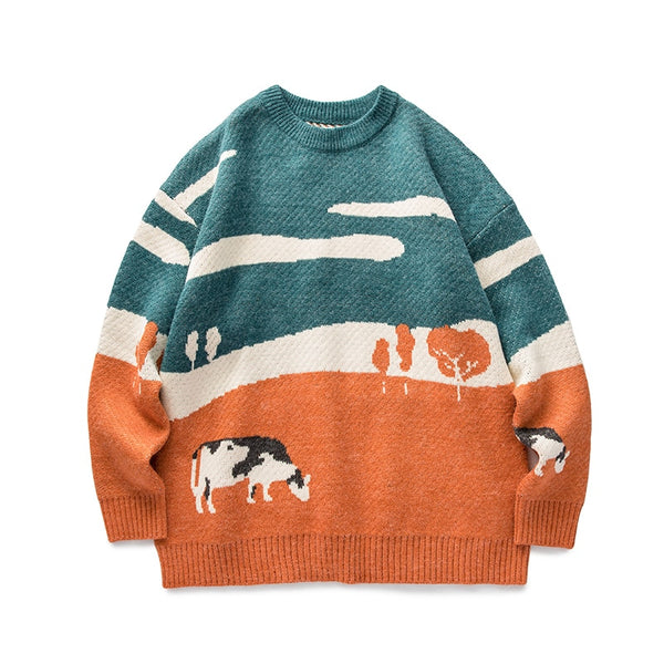 Martin's Kuh-Muster Pullover | Herren Pullover im lässigen Harajuku-Stil