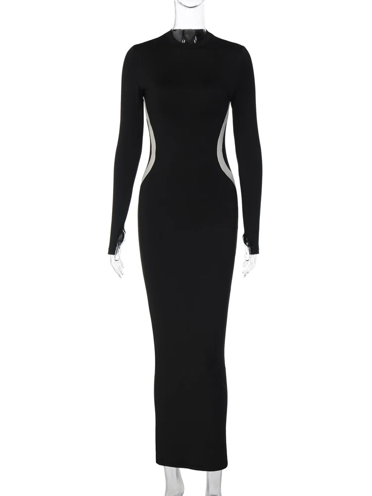 Claudia - Damen Schwarzes O-Ausschnitt Langarm-Bodycon-Maxikleid