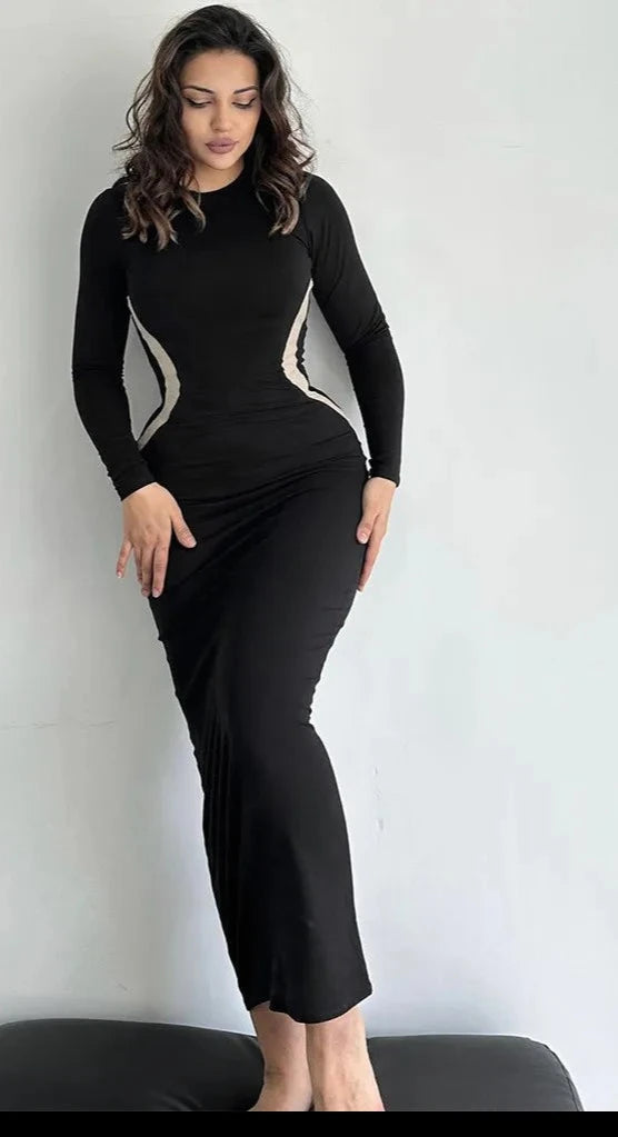 Claudia - Damen Schwarzes O-Ausschnitt Langarm-Bodycon-Maxikleid