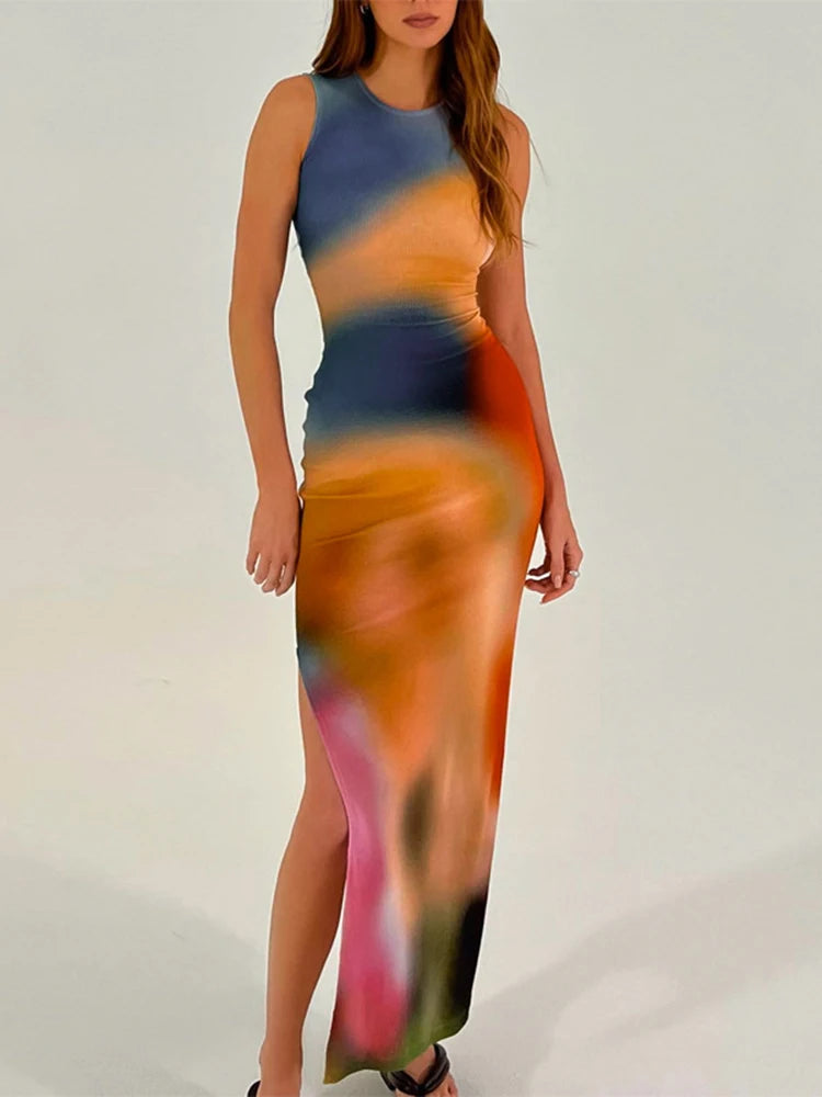 Barbara - Damen Midi-Kleid mit Tie-Dye-Druck und Rippenmuster - Bodycon-Stil mit seitlichem Schlitz