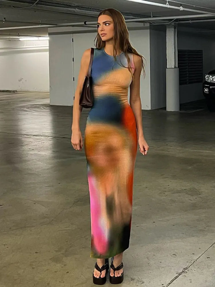 Barbara - Damen Midi-Kleid mit Tie-Dye-Druck und Rippenmuster - Bodycon-Stil mit seitlichem Schlitz