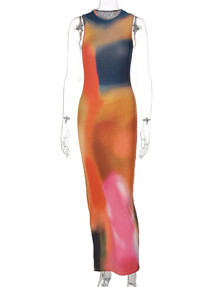 Barbara - Damen Midi-Kleid mit Tie-Dye-Druck und Rippenmuster - Bodycon-Stil mit seitlichem Schlitz