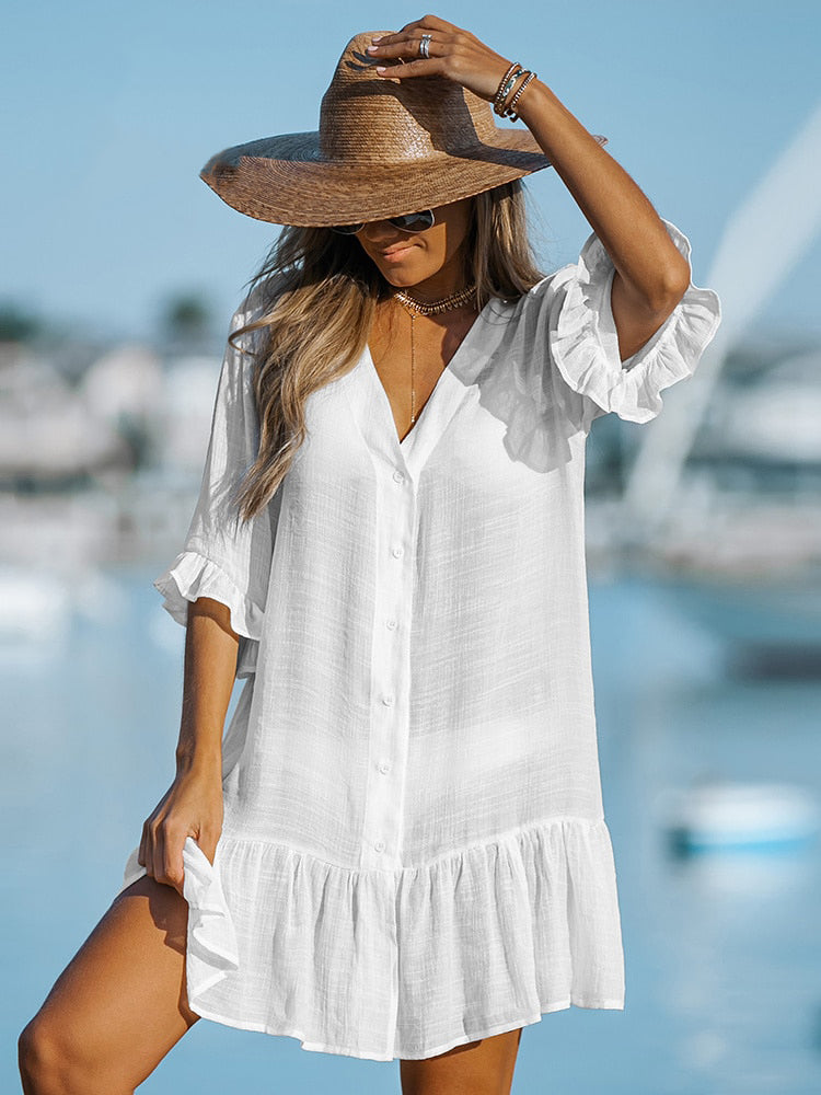 Sophia's Sommerlicher Strandzauber | Damen Weißes Gerüschtes Langarm-Bikini-Cover-Up