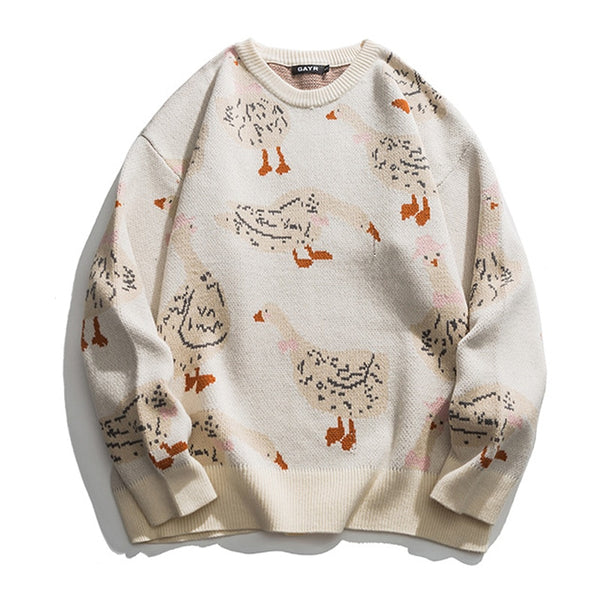 Max's Cartoon-Tiermotiv Strickpullover | Herrenmode: Enten- und Gänsemuster im Harajuku-Stil