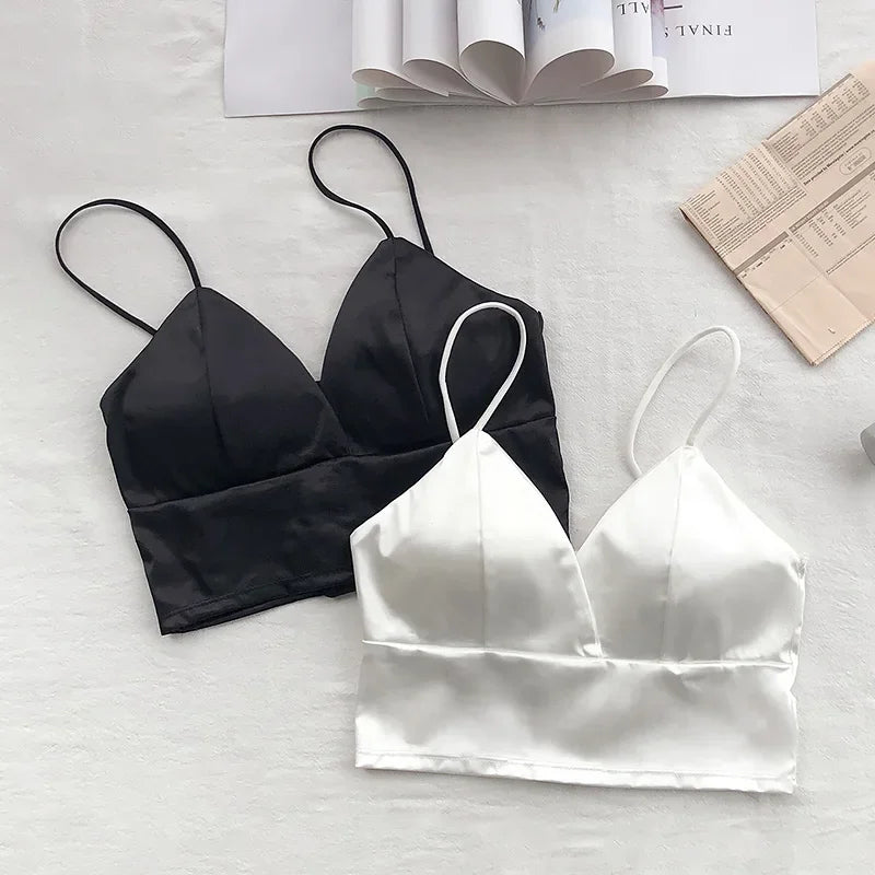 NINA - Damen Satin-Bralette ohne Bügel, verkürztes Top mit Spaghettiträgern und Brustpolsterung