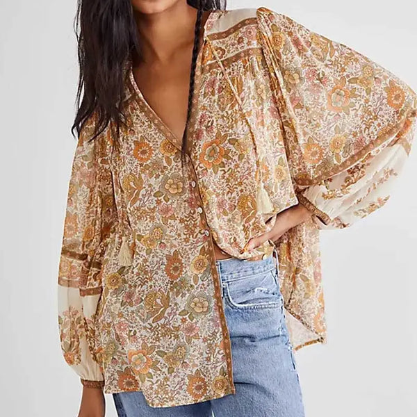 Henryka - Boho Floral Print V-Ausschnitt Bluse