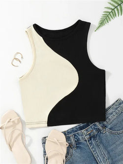 HILDE - Damen ärmelloses Crop Tank Top aus Rippenstrick mit Patchwork-Muster