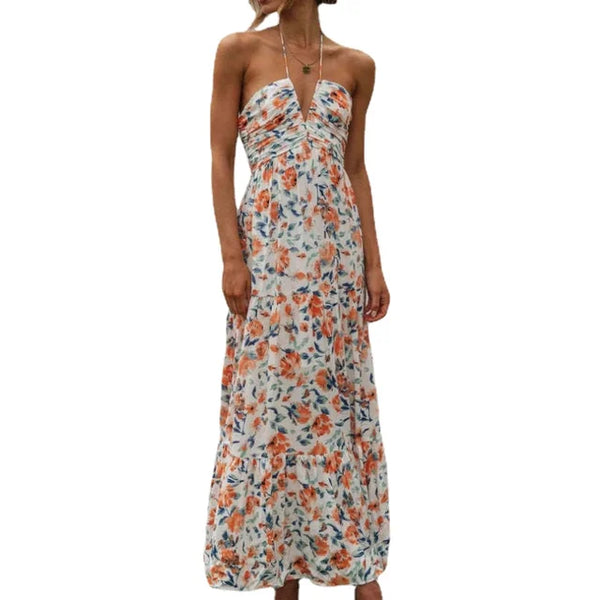 Alina - Damen Ärmelloses V-Ausschnitt Bohemian Blumendruck Chiffon Maxikleid