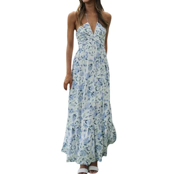 Alina - Damen Ärmelloses V-Ausschnitt Bohemian Blumendruck Chiffon Maxikleid