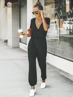 MISS PETAL V-Ausschnitt Jumpsuit | Damen Sommer Overall mit kurzen Ärmeln